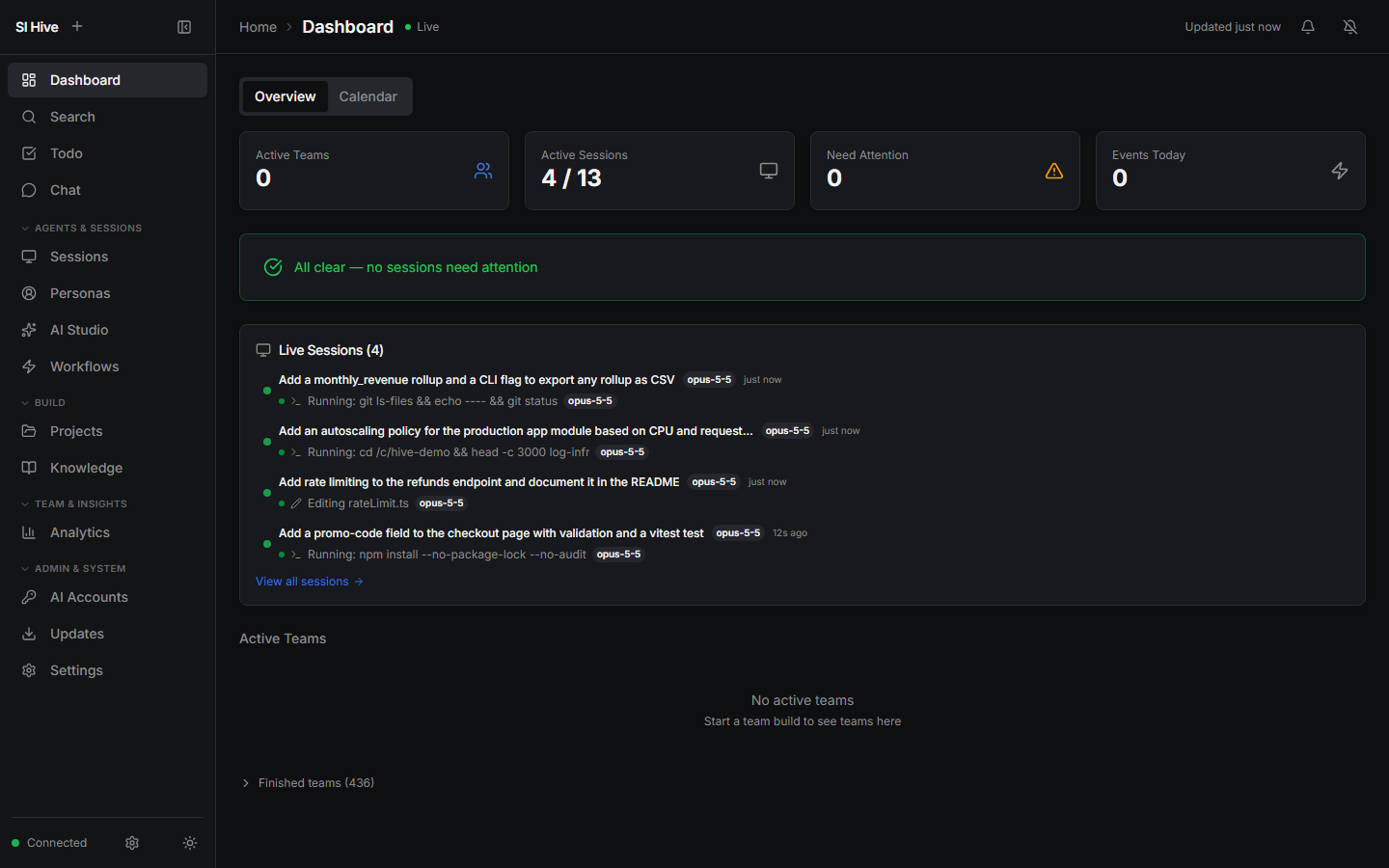 Dashboard showing live sessions and attention status