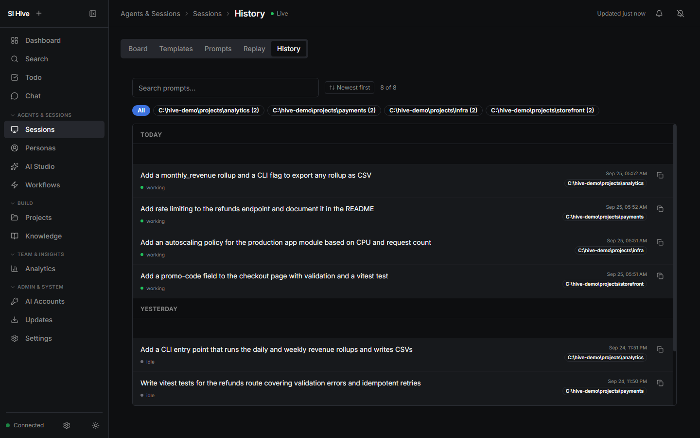 Prompt history grouped by day and project