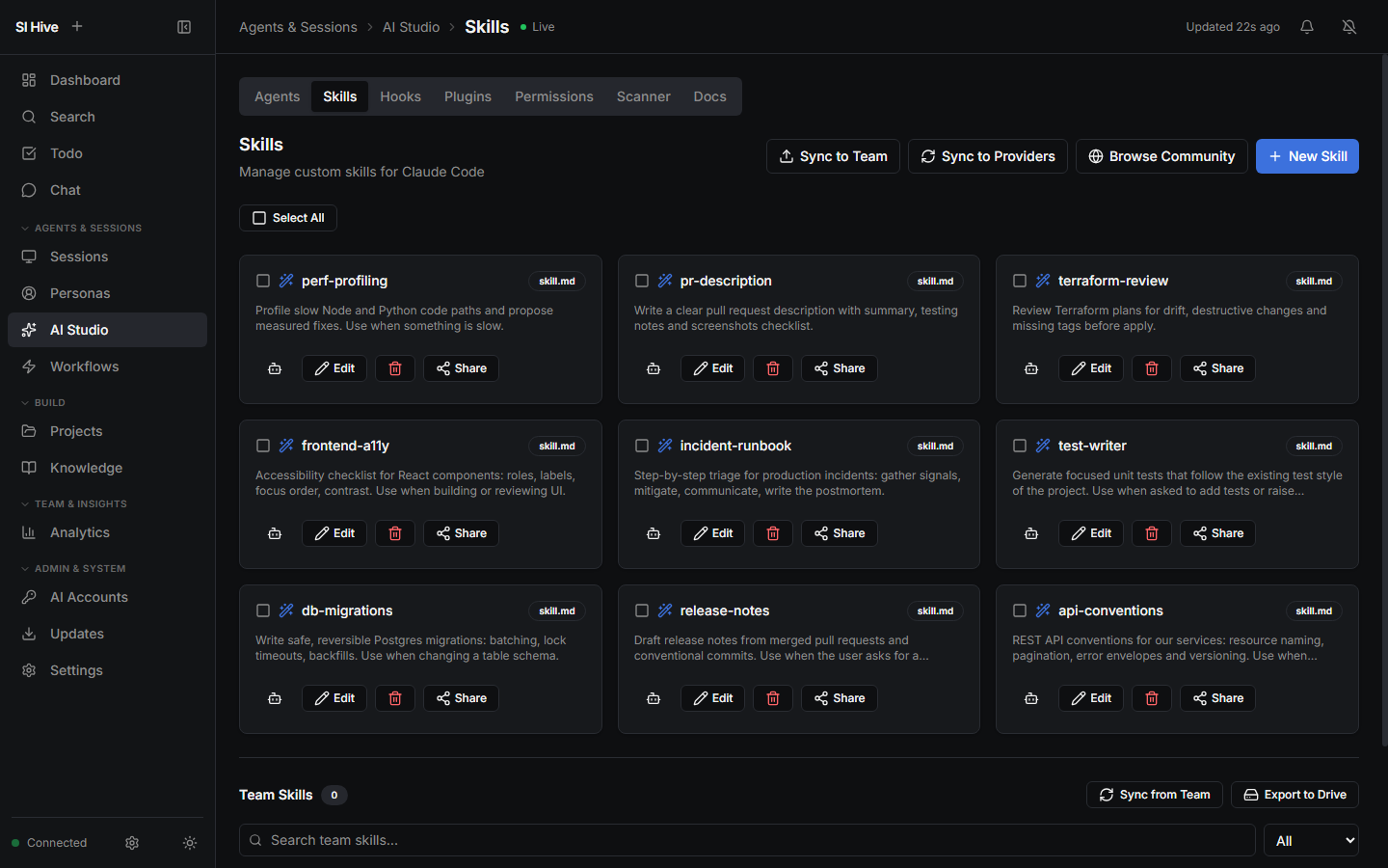 AI Studio skills manager listing custom skills